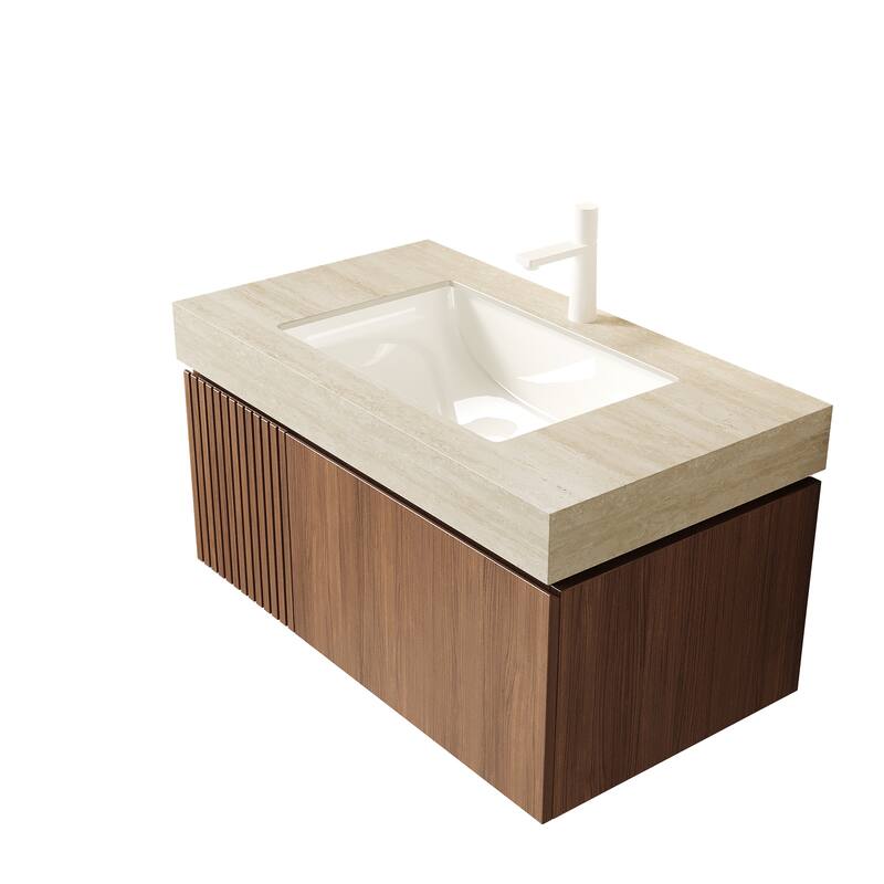 30"/36"/48" Wall-Mounted Bathroom Vanity with Ceramic Sink, Sintered Stone Countertop Floating Bathroom Storage Cabinet