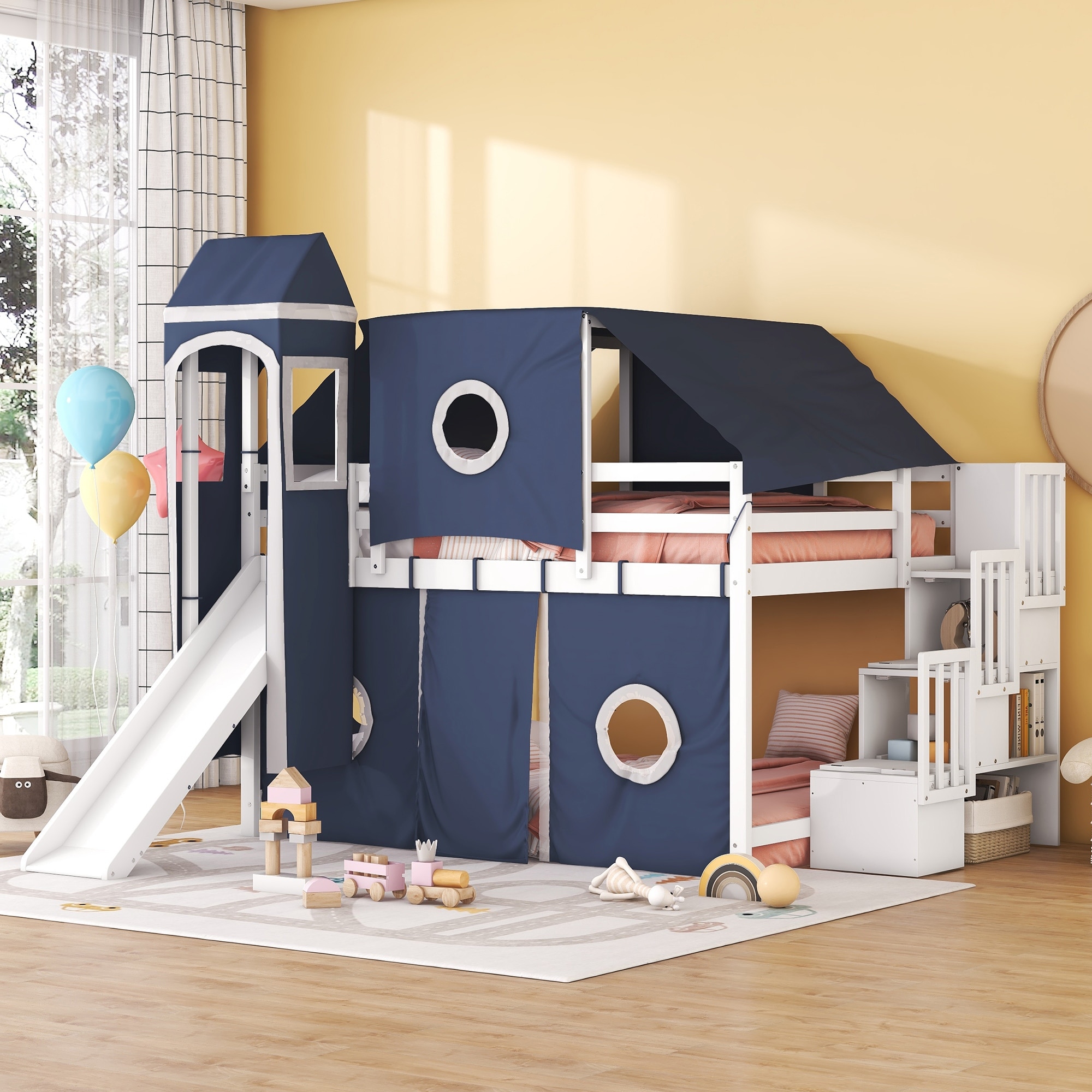 Playhouse loft bed with stairs and slide discount