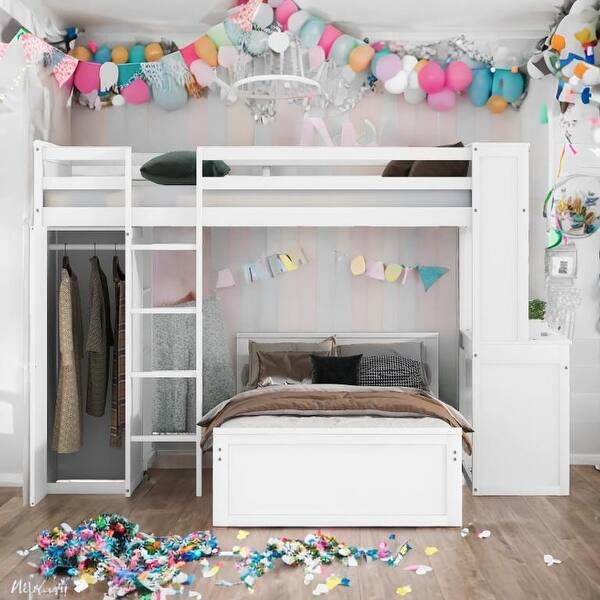 slide 2 of 56, Twin Loft Bed with Twin Stand-alone bed, Shelves,Desk,and Wardrobe White