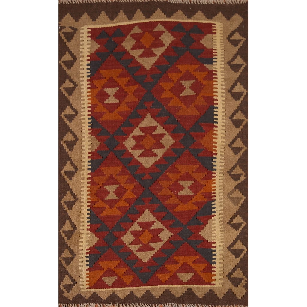 Reversible Kilim Geometric Area Rug Hand-woven Wool Carpet - 3'2" x 5'4"