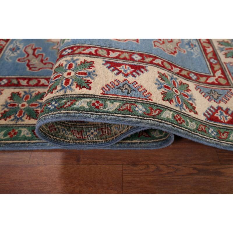 Blue Geometric Kazak Oriental Accent Rug Handmade Wool Carpet - 4'0" x 5'10"