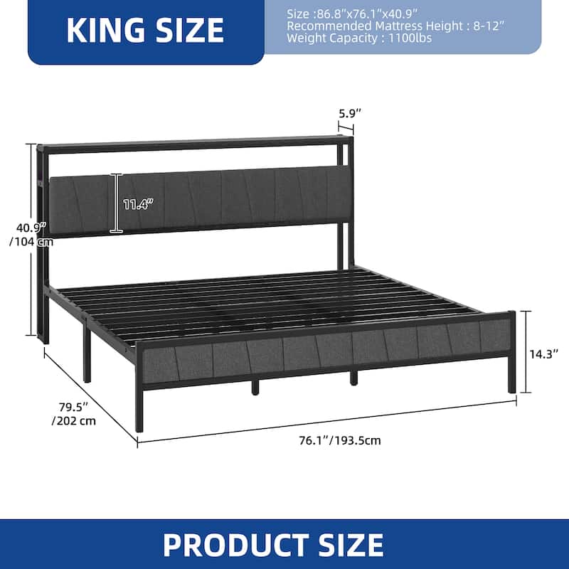 Storage Upholstered Platform Bed with LED Lighting Included and Built In USB Port