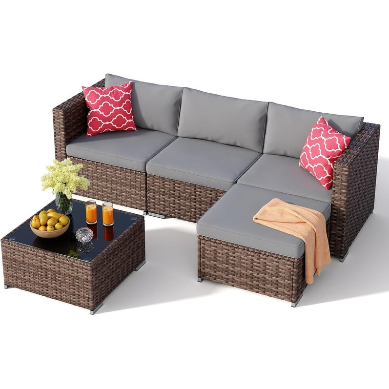 5 Piece Outdoor Patio Furniture Set, PE Wicker Rattan Sectional Sofa with Cushions and Glass Coffee Table, Garden Yard Porch