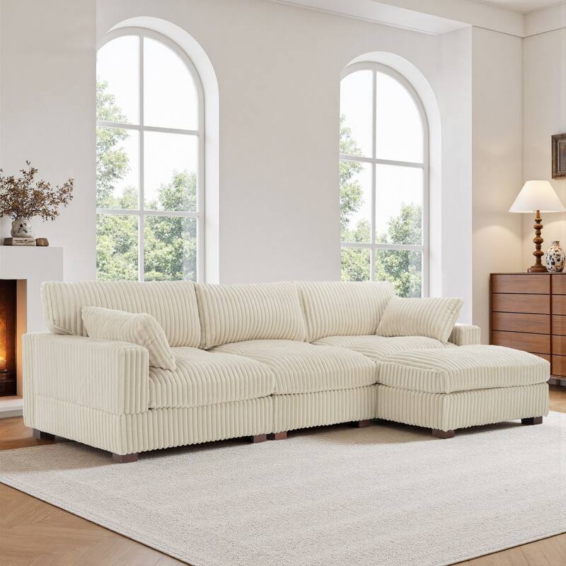 Plush Corduroy Upholstered Modular Sectional Sofa with Chaise - Right Facing - White-3 Pieces