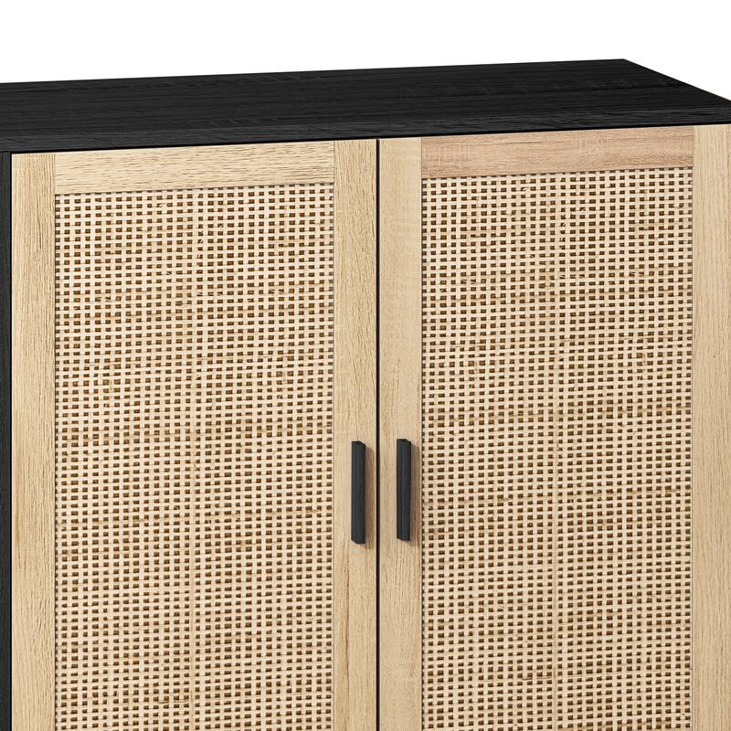4-door Rattan Storage Cabinet Buffet Cabinet Sideboard with Adjustable Shelf, Living Room Entrance Cupboard Console Table, Black