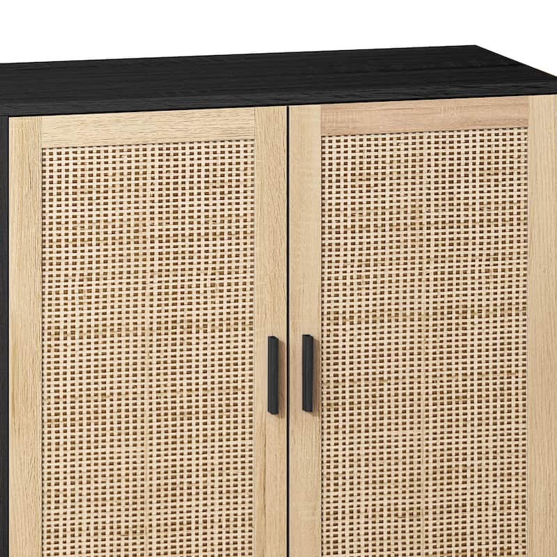 62.20" Modern Rattan Decorative Storage Cabinet with Solid Wood Legs, 4 Doors, Adjustable Shelves Versatile for Home,Office