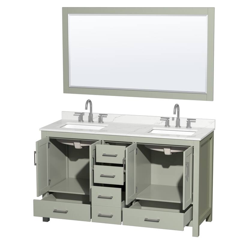 Sheffield 60-inch Double Vanity, 3 Hole Quartz Top, 58-inch Mirror