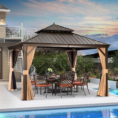 PURPLE LEAF Outdoor Gazebo Aluminum Frame Galvanized Steel Hardtop Gazebo with Bulbs
