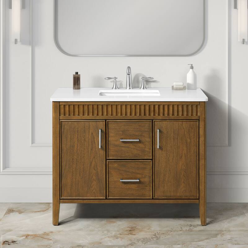 OVE Juliette Warm Walnut Bathroom Vanity with White Quartz Top - 42" - Warm Walnut with Brushed Nickel Hardware