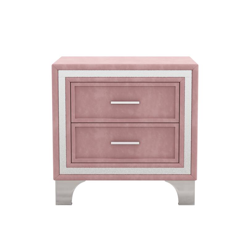 Mid-Century Velvet Nightstand with Metal Legs, 2-Drawer Storage, Fully Assembled Except for Legs and Handles
