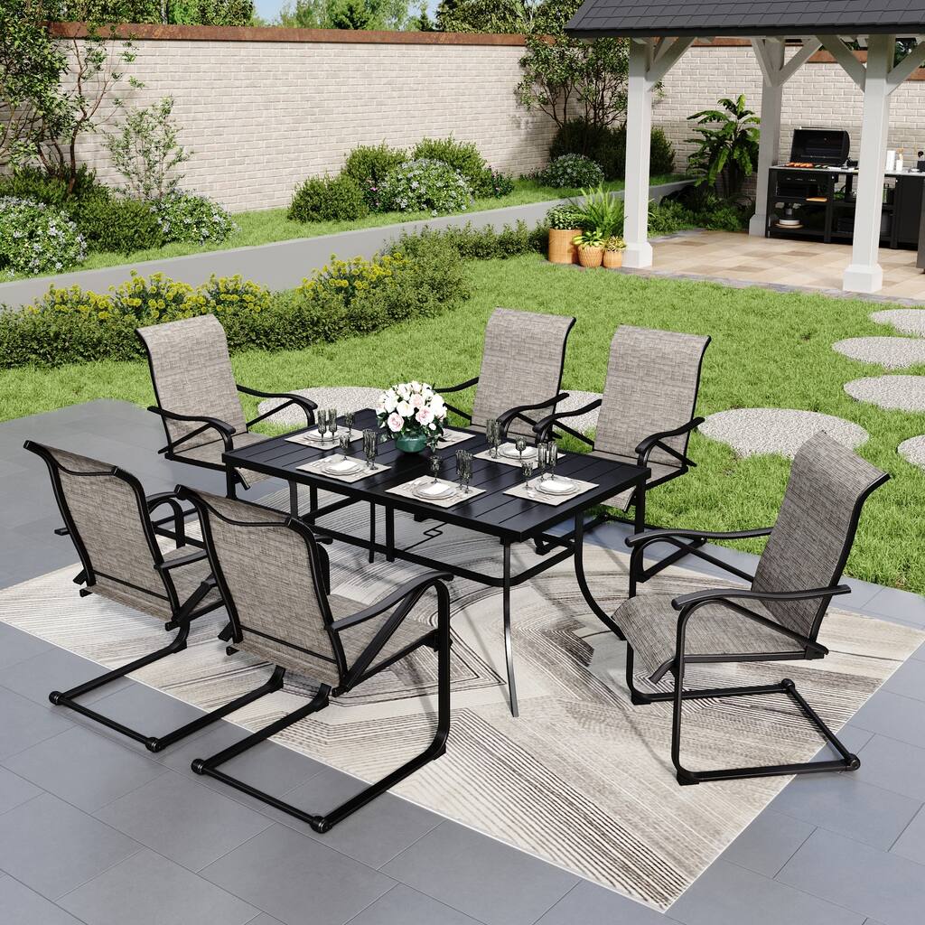 7 Pieces Patio Dining Set, 6 x C Spring Motion Chairs Textilene and 1 Metal Table with 2.6" Umbrella Hole