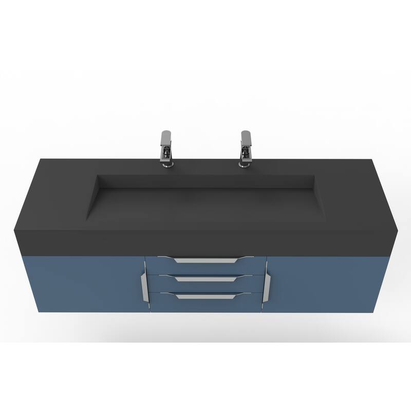 Nile 60" Wall Mounted Bathroom Vanity Set w/ Black Top