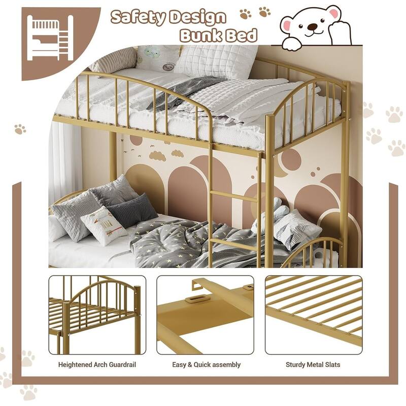 Bunk Bed Twin Over Twin with Stairs and Arched Guardrail for Bedroom and Small Space