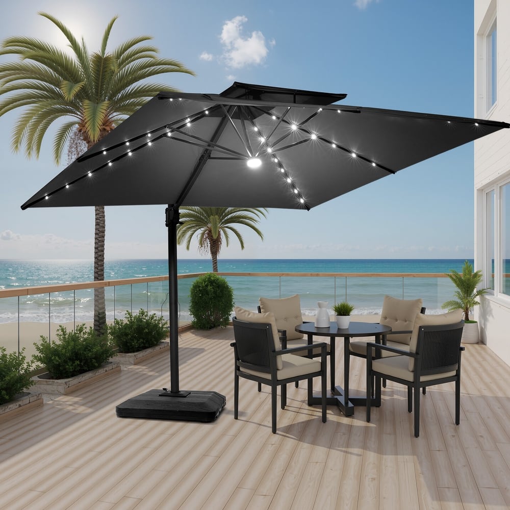 Pellebant 11X11 FT Outdoor Square Cantilever Patio Umbrella Solar LED Lighted with Premium Base Stand