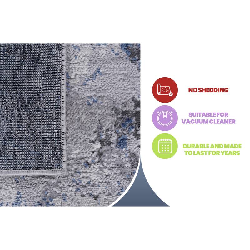 LOOM & LUXE Collection Silver/Blue Abstract Non-Shedding Area Rug
