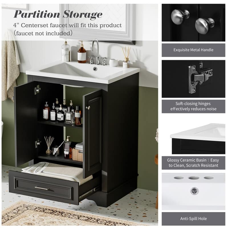 Small Bathroom Vanity with 24'' Ceramic Sink Set, Modern Freestanding Storage Cabinet with Drawer & Adjustable Shelf