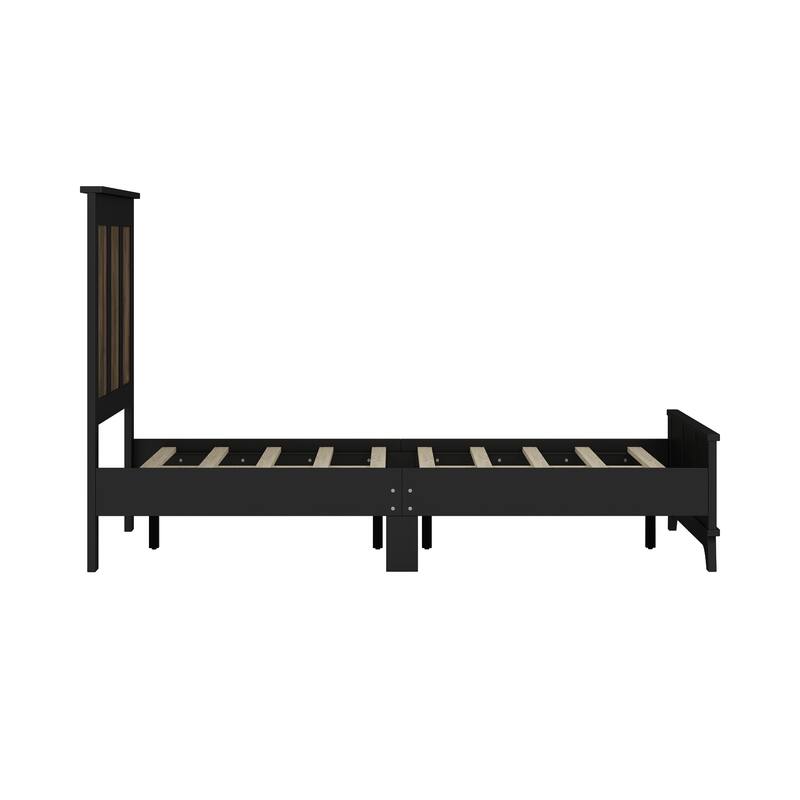 Wooden Platform Bed, Wingback Bed Frame with Wooden Strip Decoration Headboard and Footboard, Plywood Slats Support