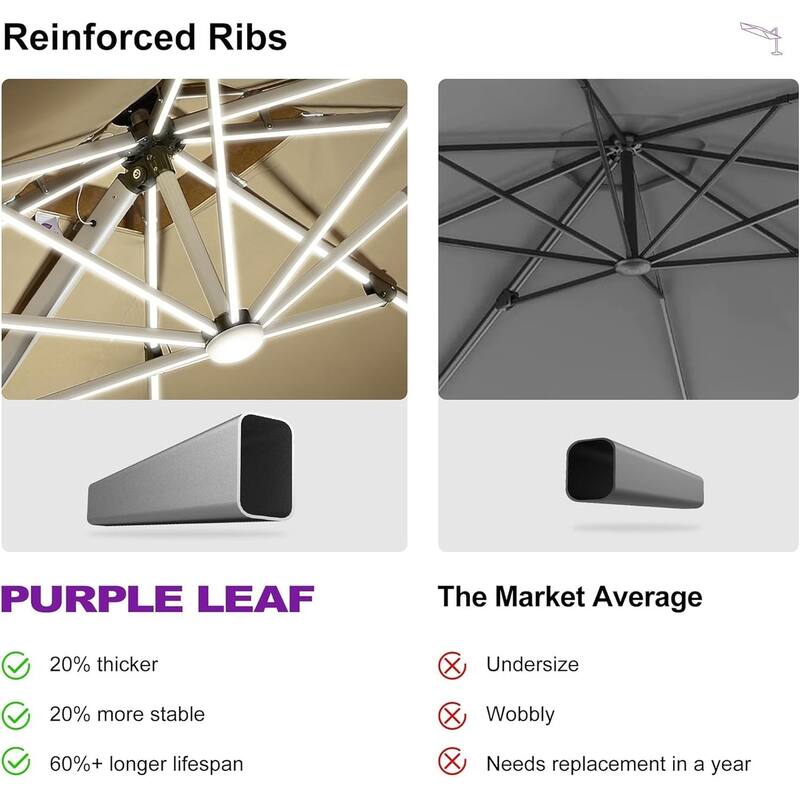 PURPLE LEAF 10 ft Double Top LED Round Patio Cantilever Umbrella with Base