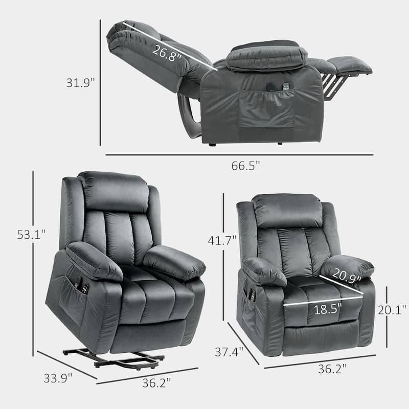 Grey Velvet Comfort Power Recliner Chair with Massage Lumbar Heat and USB Ports Remote Control