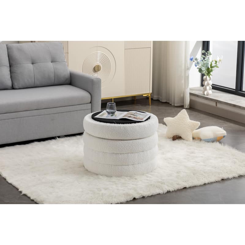 Round Storage Ottoman Footstool, Boucle Fabric Upholstered Vanity Stool, Small Ottomans Table with Removable Lid