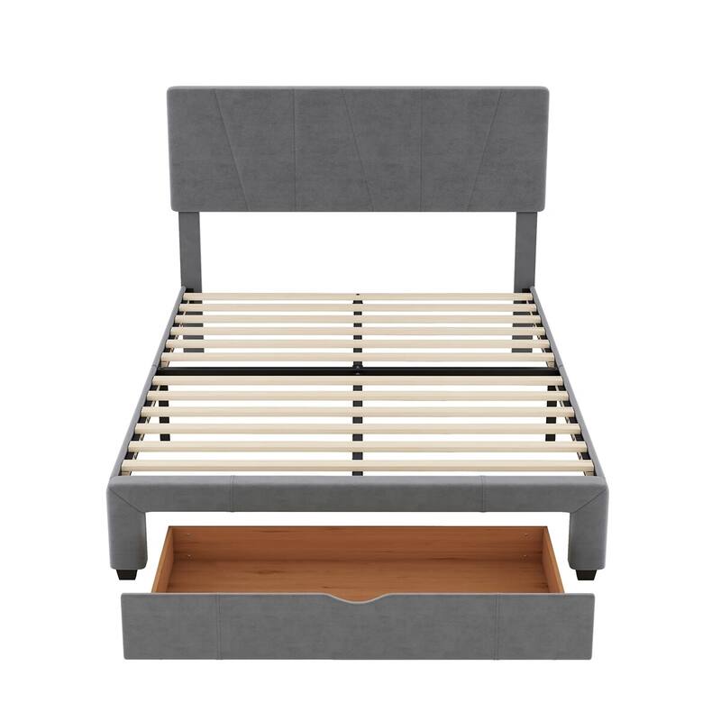 Merax Upholstery Platform Bed with One Drawer, Adjustable Headboard