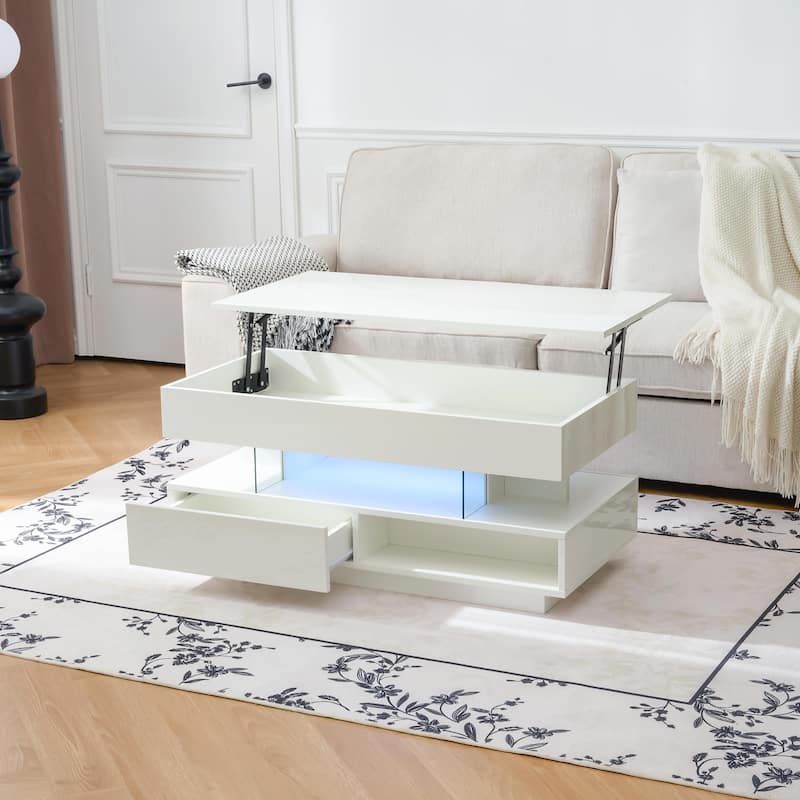 39.3" Lift Top Coffee Table with Hidden Compartment, 2 Storage Drawers and Adjustable LED Lights