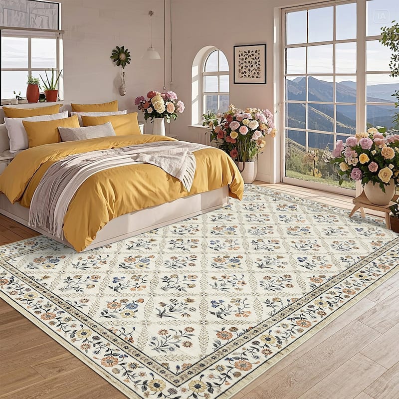 Floral Area Rugs for Living Room Bedroom Soft Farmhouse Washable Rug Non-Slip Low Pile Accent Carpet