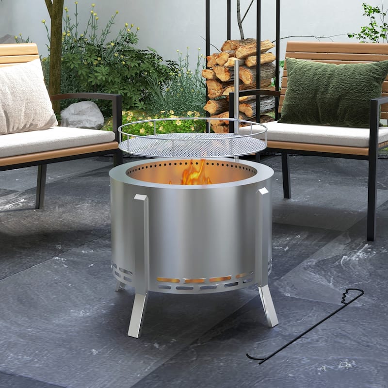 Smokeless Fire Pit BBQ Grill, Portable Wood Burning Firepit with Cooking Grate and Poker, for Backyard Patio Picnic, Silver