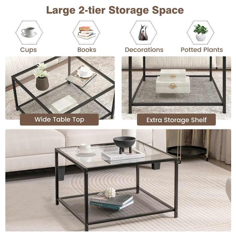 Tempered Glass and Black Metal 2-Tier Coffee Table with Mesh Shelf and 110 lbs Capacity - 27.5" x 27.5" x 18"