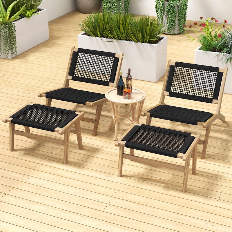 Gymax 2PCS Teak Ottoman Footstool w/ Handwoven Cordage for Patio Porch
