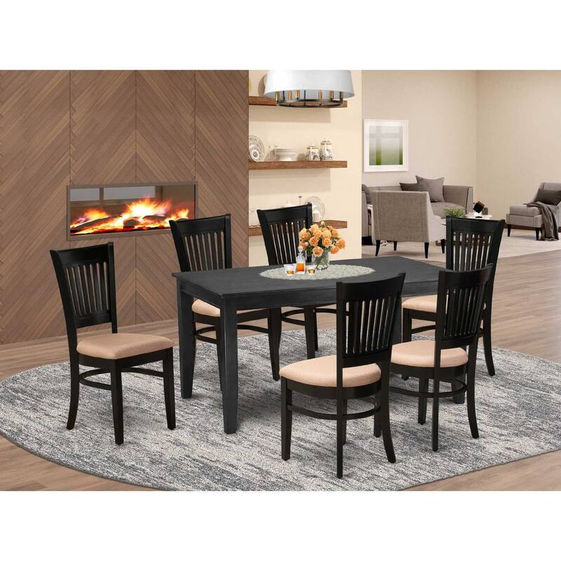 HomeStock 7-Pc Rectangle Black Finish Solid Wood Top Dining Table with 6 Chairs with Slat Back