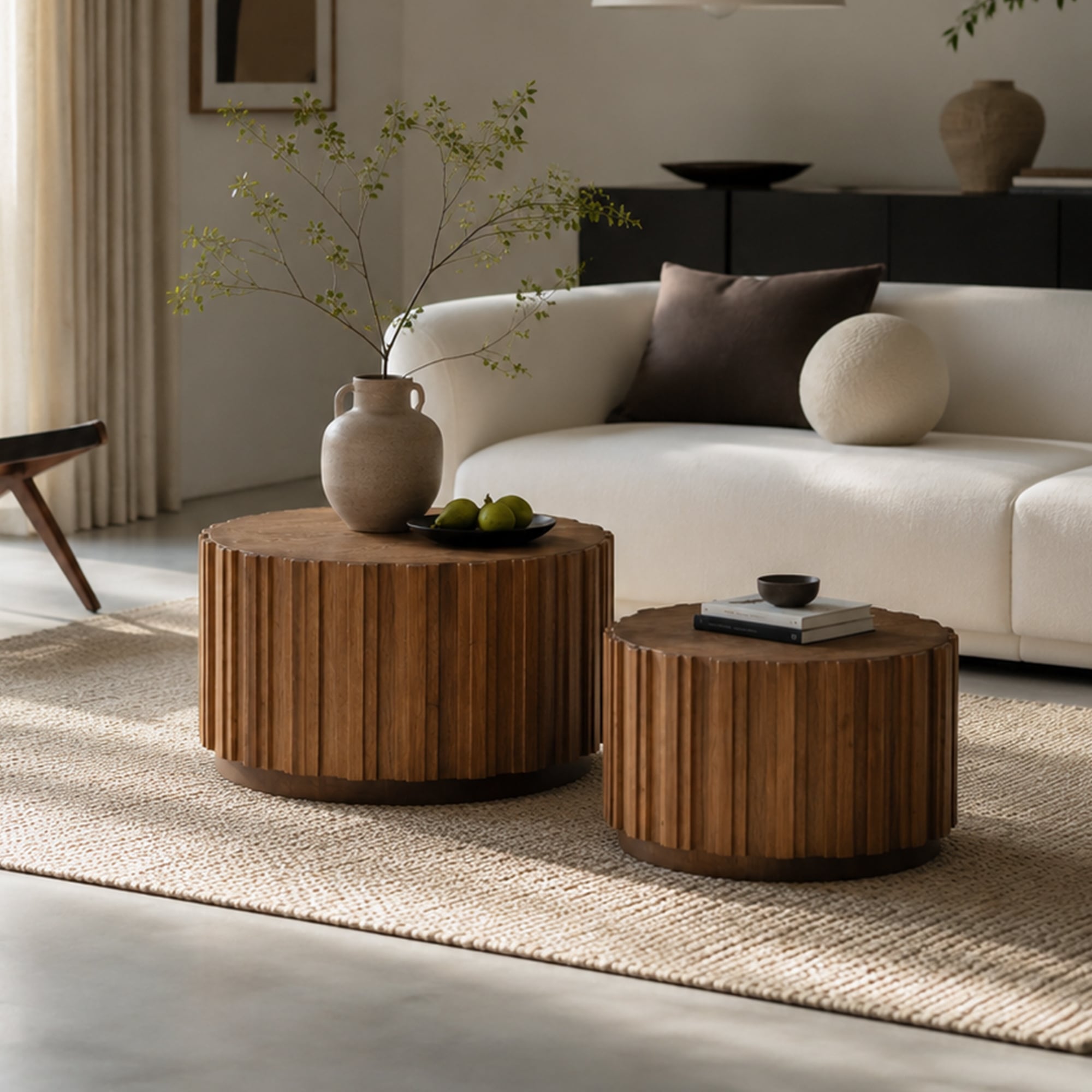 2-Piece Round Nesting Coffee Table Set with Wooden Slatted Pedestal Base by GDFStudio