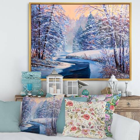 Designart 'Pastel Christmas Forest With River' Lake House Framed Canvas Wall Art Print