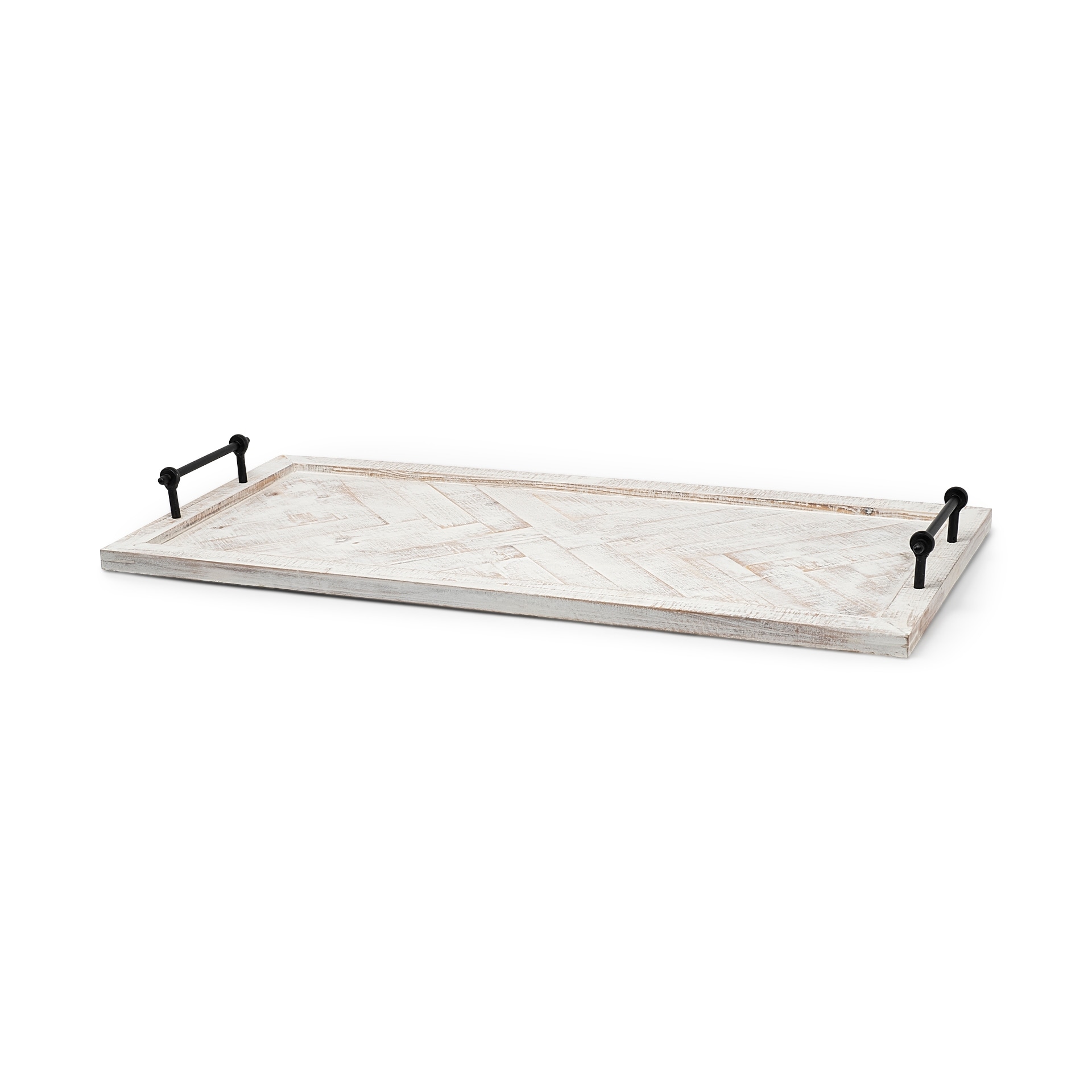 Whitewashed Tone Wood With Herringbone Pattern With Metal Raised Edges Tray Whitewashed Tone Wood With Herringbone Pattern With Metal Raised Edges Tray