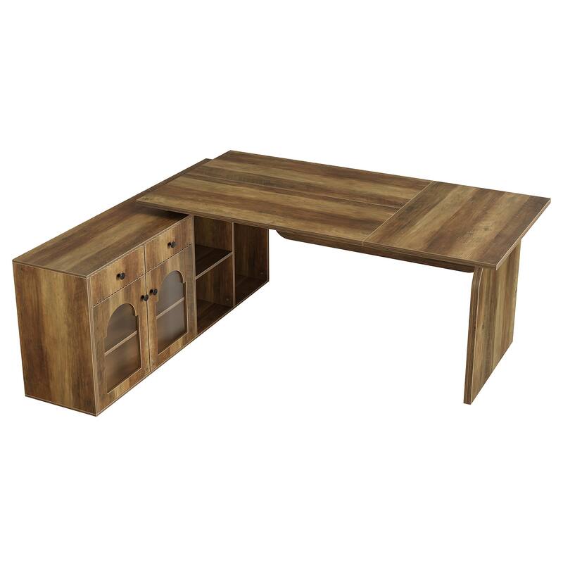 Wood L-Shaped Executive Desk with File Cabinet for Home Office