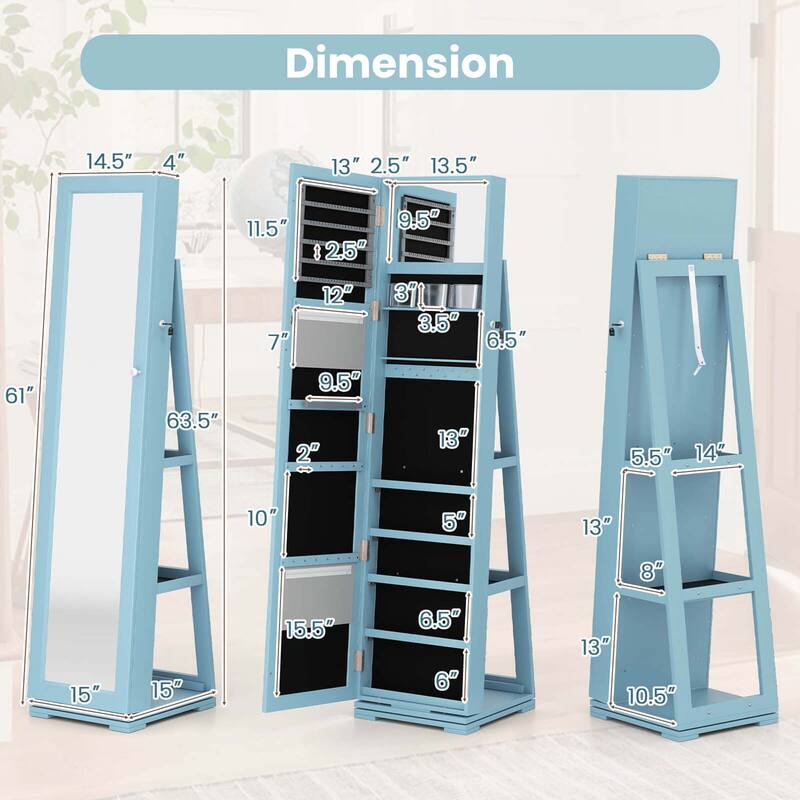 Costway 360degree Rotatable Jewelry Cabinet 2-in-1 Lockable Mirrored - See Details
