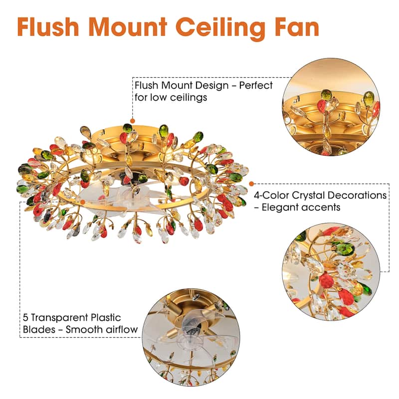 23" Modern Gold 4-Light Crystal Low-Profile Flush Mount Ceiling Fan with Remote
