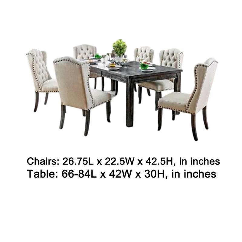 Bega 7pc Dining Table and Wingback Chair Set, Beige Linen, Black Wood
