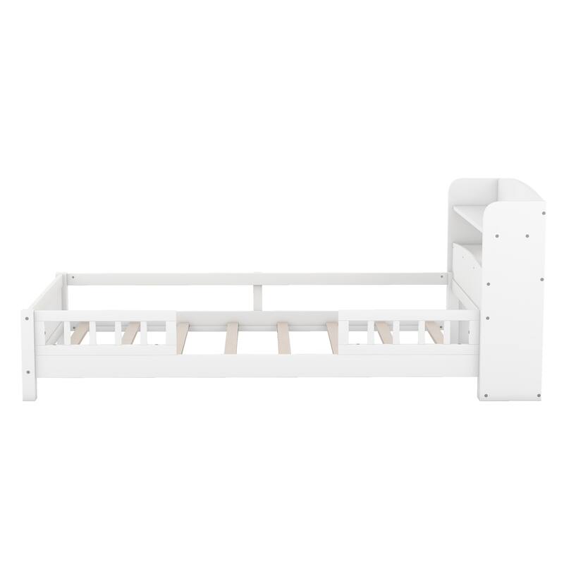 Twin Size Platform Bed with LED Light, Storage Headboard, and Guardrail in White