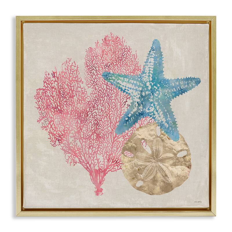 Stupell Sea Life Trio on Beige Framed Floater Canvas Wall Art Design By Amber Sterling - 18 x 18 - Gold