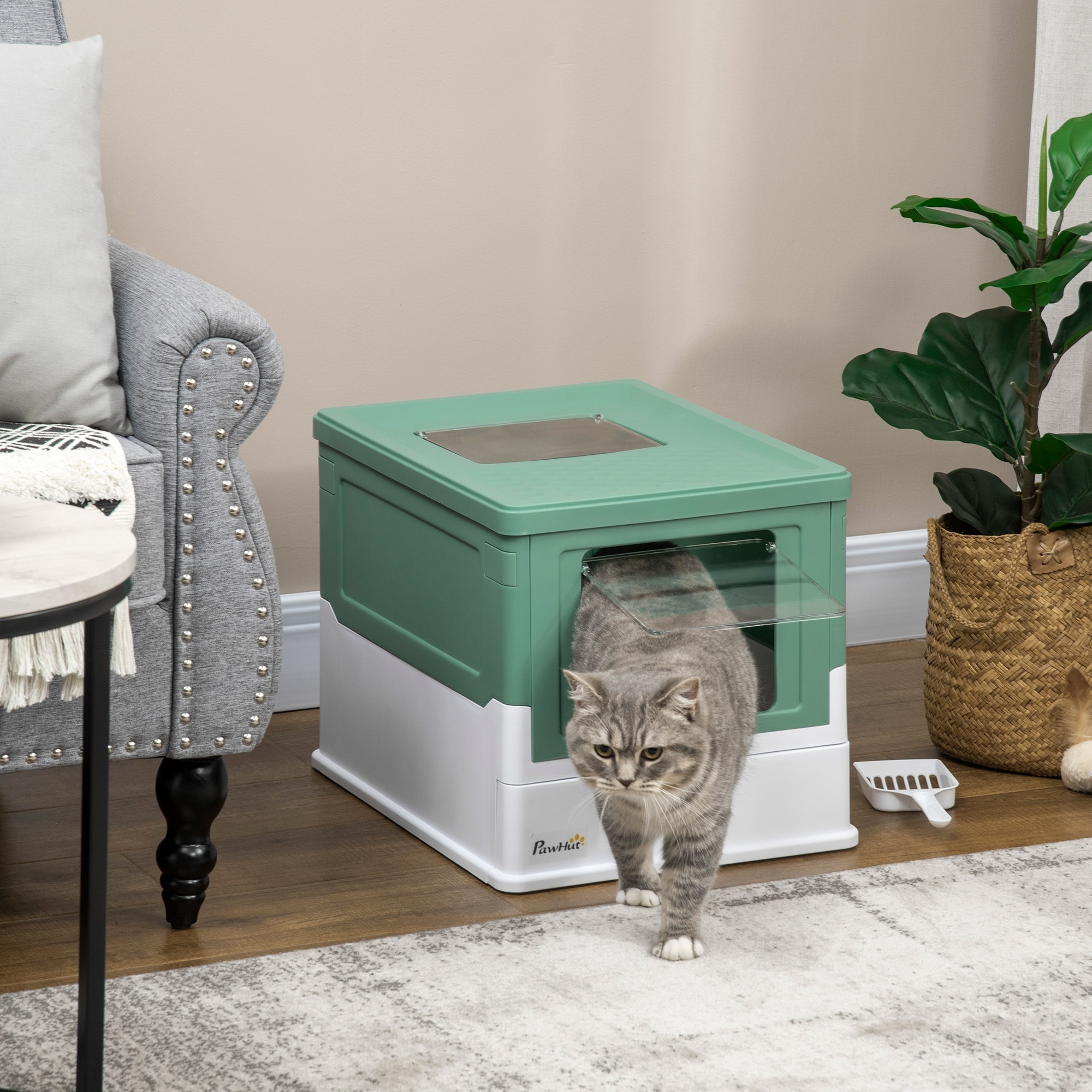 PawHut Fully Enclosed Cat Litter Box with Scoop, Hooded Cat Litter House with Drawer Type Tray, Foldable Smell Proof Cat Potty