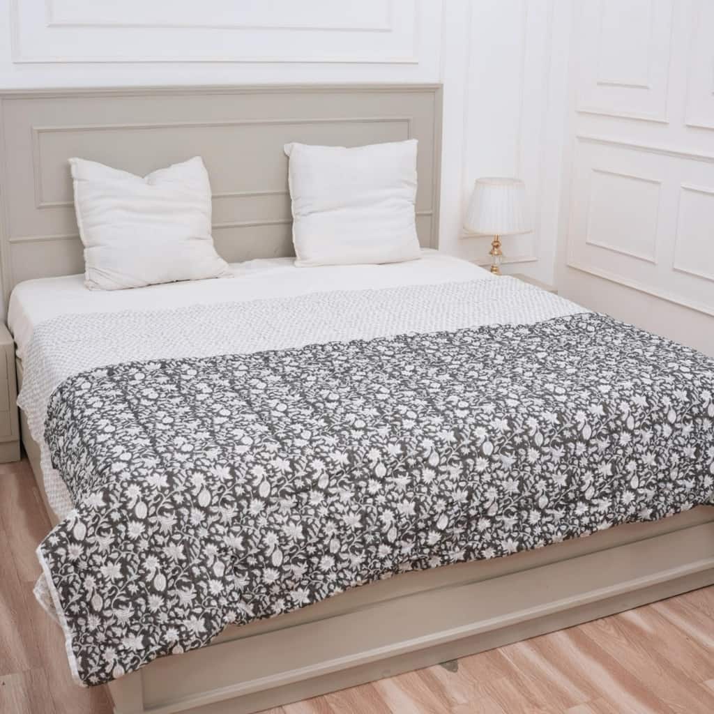 Fabdivine Handmade Block Print Reversible Black Quilt Floral Soft or Breathable Fabric