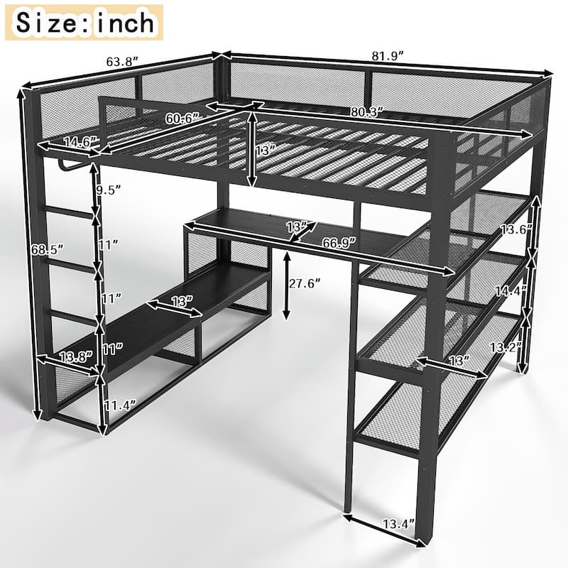 Queen Loft Bed with Metal Frame Desk Shelves and Hanging Rod