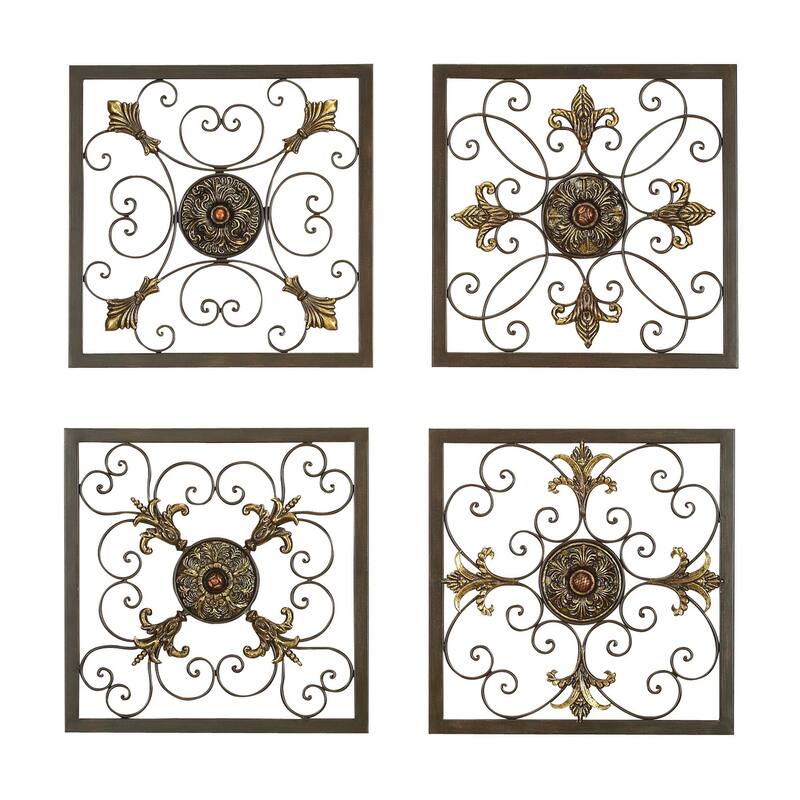 Brown Metal Wire Scroll Fleur De Lis Home Wall Decor with Gold Accents (Set of 4)