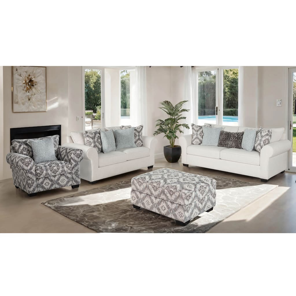 Furniture of America Suppet 4-Piece White Fabric Solid Wood Sofa and Ottoman Set with Pillows