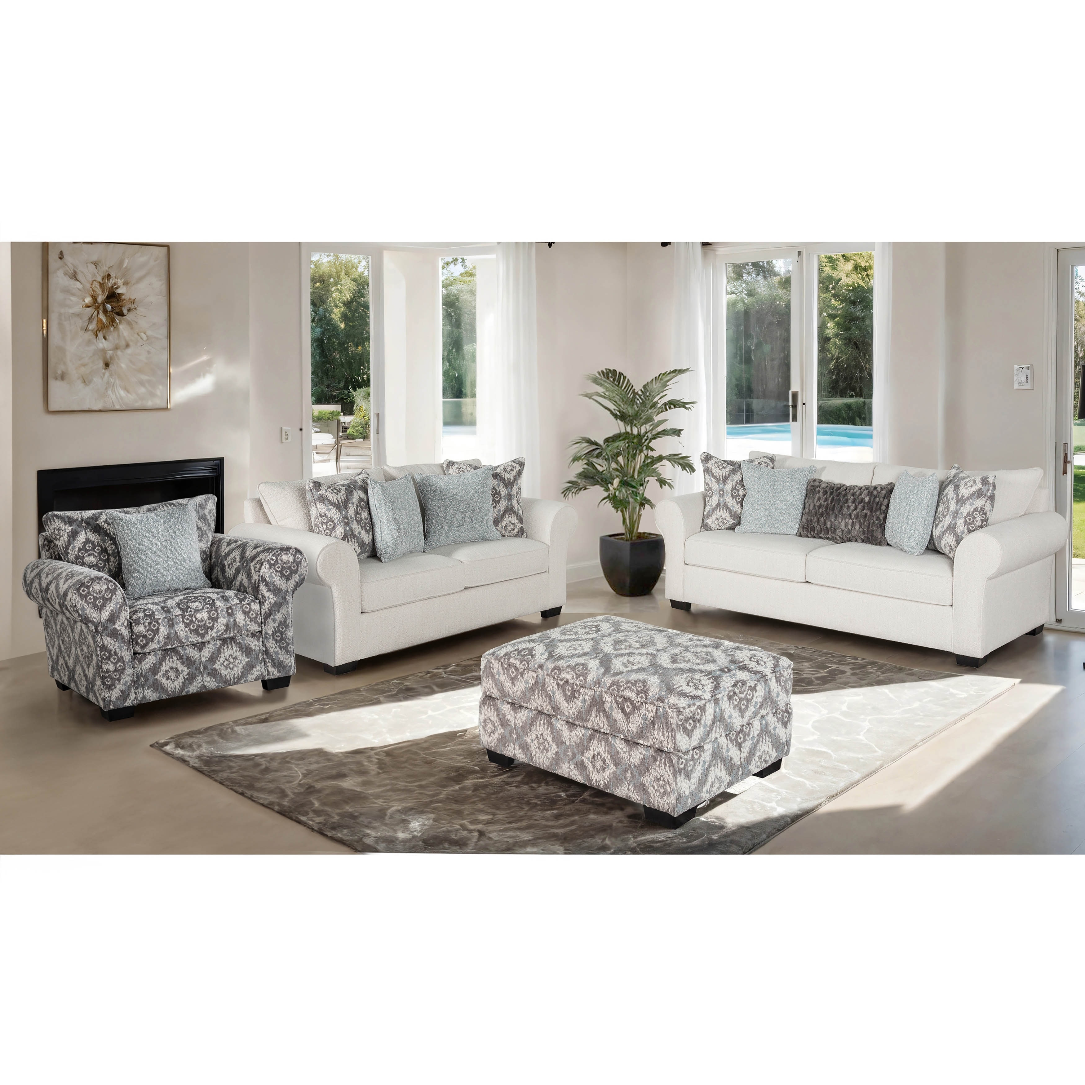 Furniture of America Suppet 4-Piece White Fabric Solid Wood Sofa and Ottoman Set with Pillows