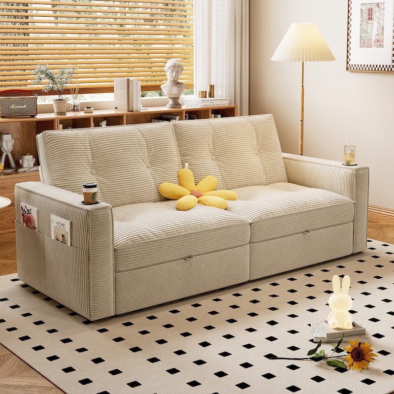 Multi-Functional Corduroy Loveseat Couch Convertible Sleeper Sofa Bed with Cup Holders and Side Pockets for Sitting, Sleeping - White