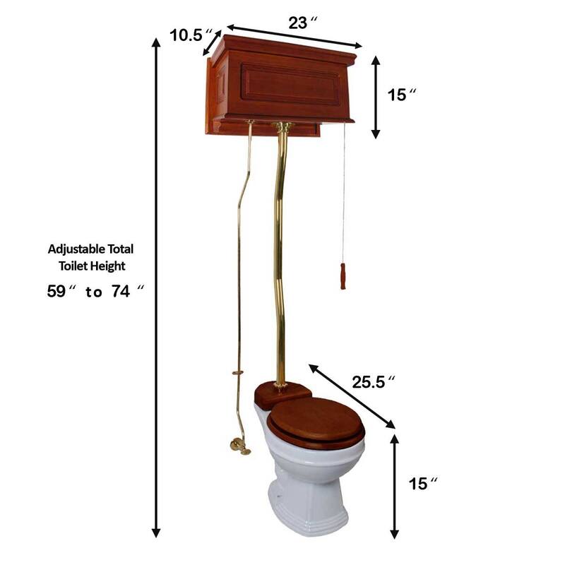 Light Mahogany Wooden High Tank Toilet Raised Tank, Brass Z Pipe and Round White Bowl