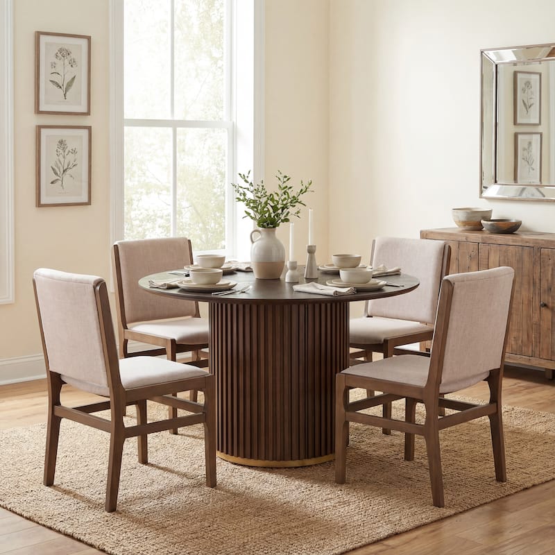 Christopher Knight Home - Mid-Century Modern 5-Piece Round Pedestal Dining Set with Upholstered Armless Dining Chairs - Walnut+Beige Chair - Walnut Table