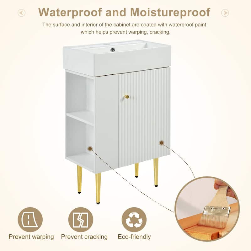 21.6" White Bathroom Vanity, Bathroom Storage Cabinet with Single Ceramic Sink, Left Side Storage